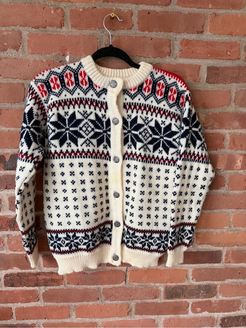 Dale of Norway Cream, Navy & Red Fair Isle Cardigan USA small